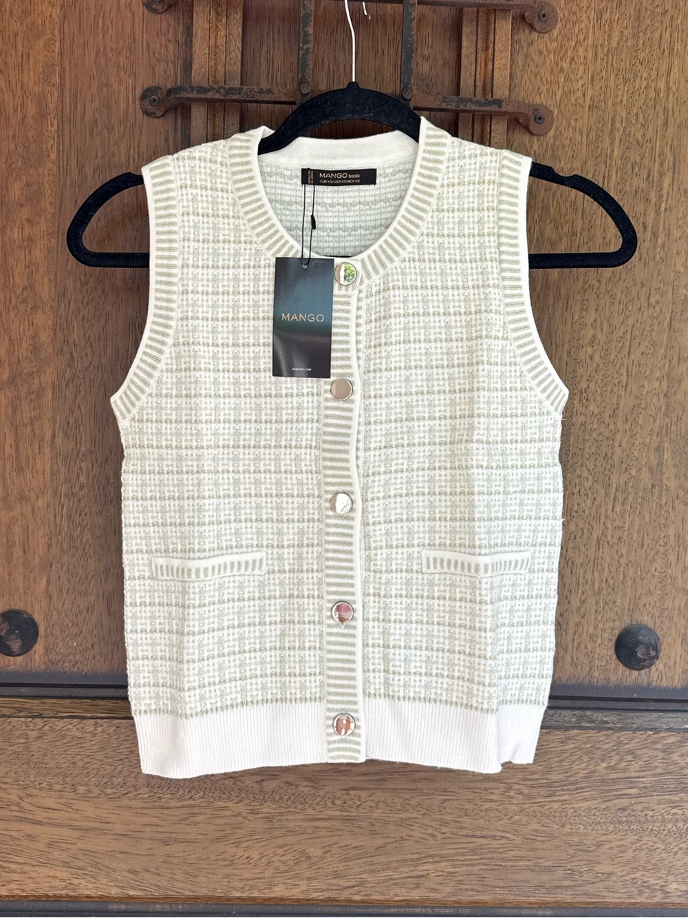 Mango Greenish Cream Textured Knit Sleeveless Cardigan Vest Size XS